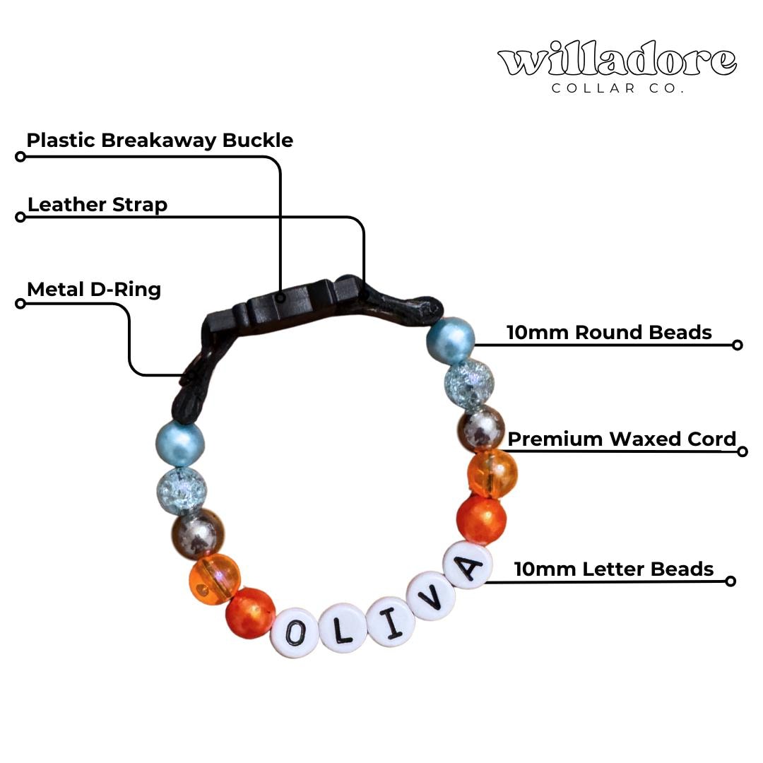 Labeled diagram of a custom beaded breakaway cat collar with multicolor beads and OLIVA name letters, showing key components and safety‑focused construction details for Willadore Collar Co.’s handmade cat collars