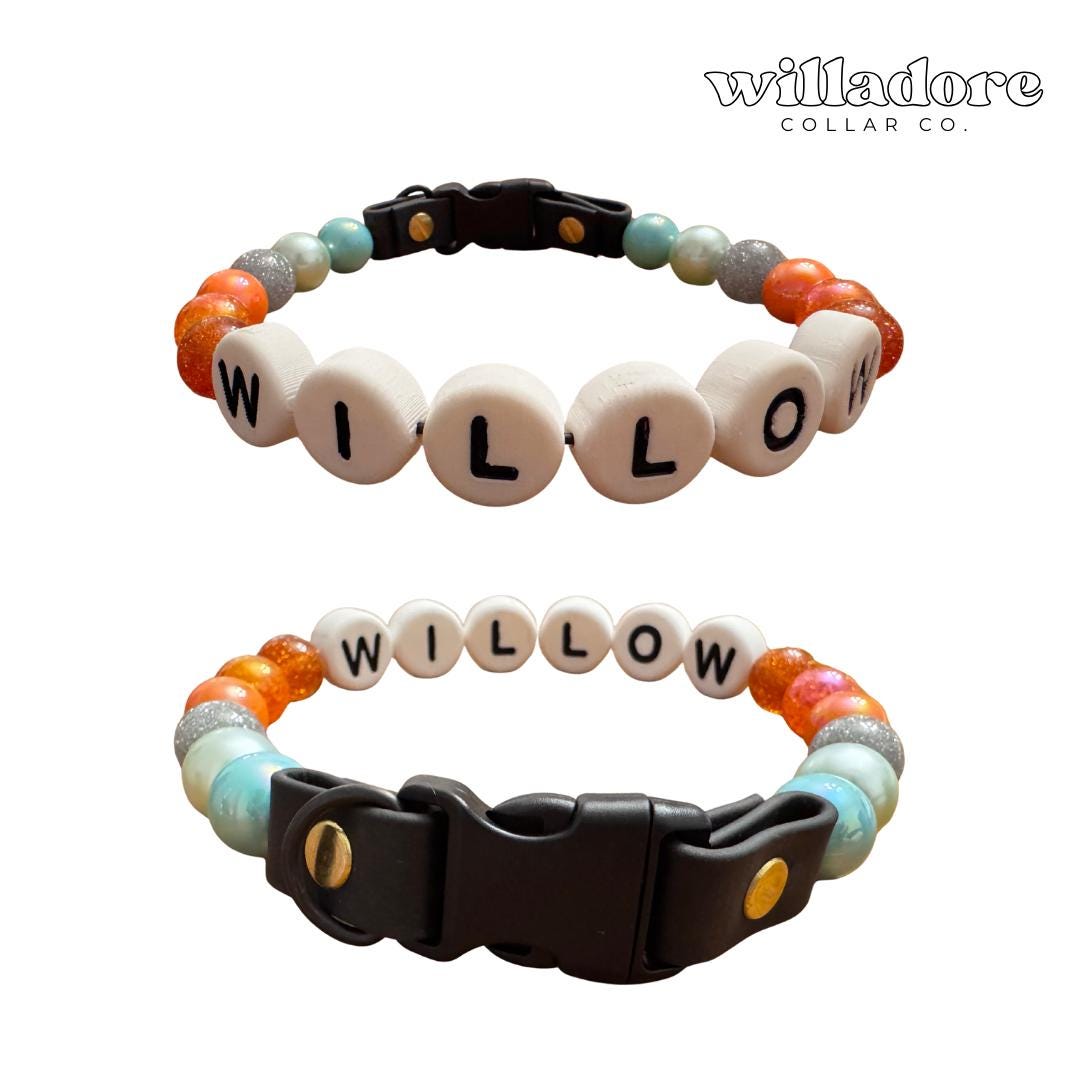 Custom beaded dog collar with multicolor beads and WILLOW name letters, highlighting Willadore Collar Co.’s personalized handmade dog collars.