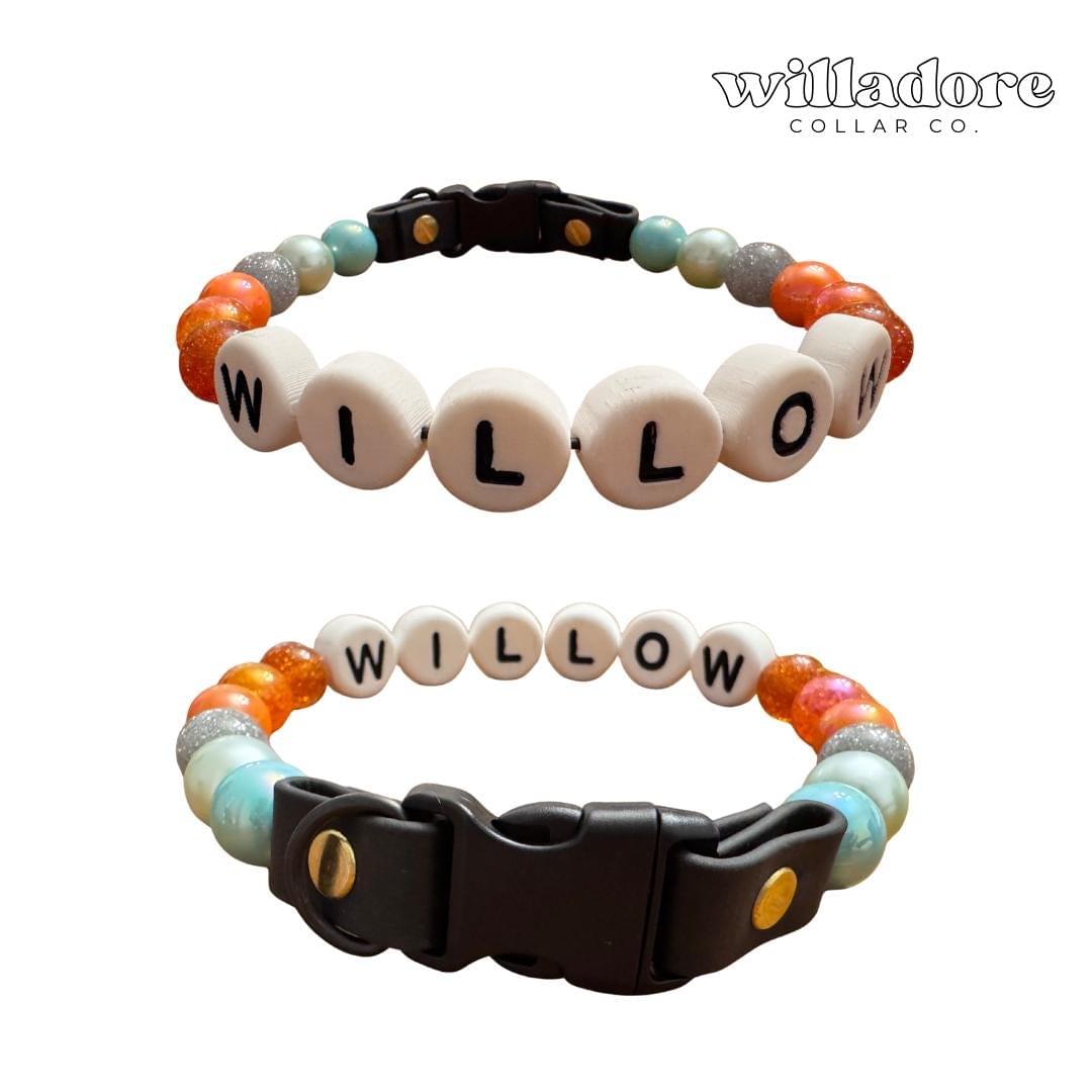 Custom beaded dog collar with multicolor beads and WILLOW name letters, highlighting Willadore Collar Co.’s personalized handmade dog collars.