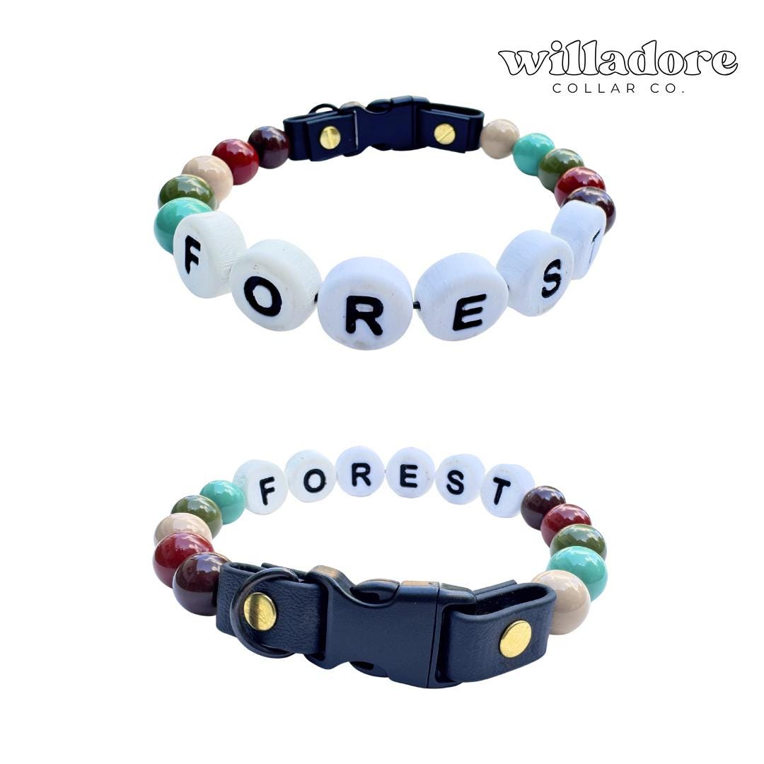 Custom beaded dog collar with forest‑tone beads and FOREST name letters, personalized handmade pet collar by Willadore Collar Co.