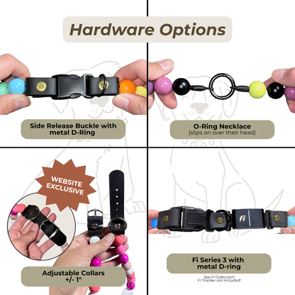 Collage of hardware options for beaded dog friendship collar with text labels - Side release buckle with metal D-ring, O-ring necklace, Adjustable collar, and Fi Series 3 collar hardware options.