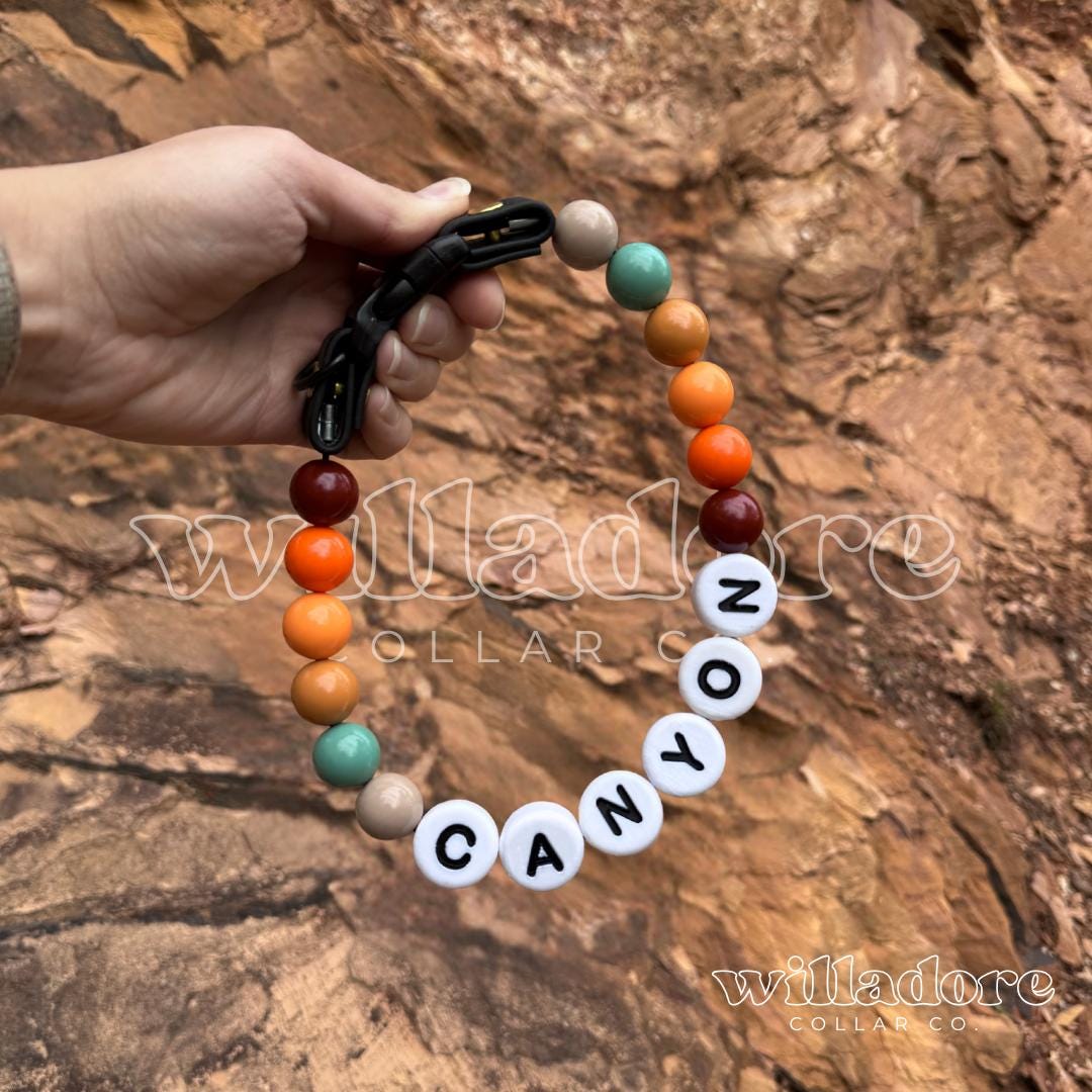 custom beaded dog collar with earthy canyon‑tone beads and CANYON name letters, personalized handmade pet collar by Willadore Collar Co