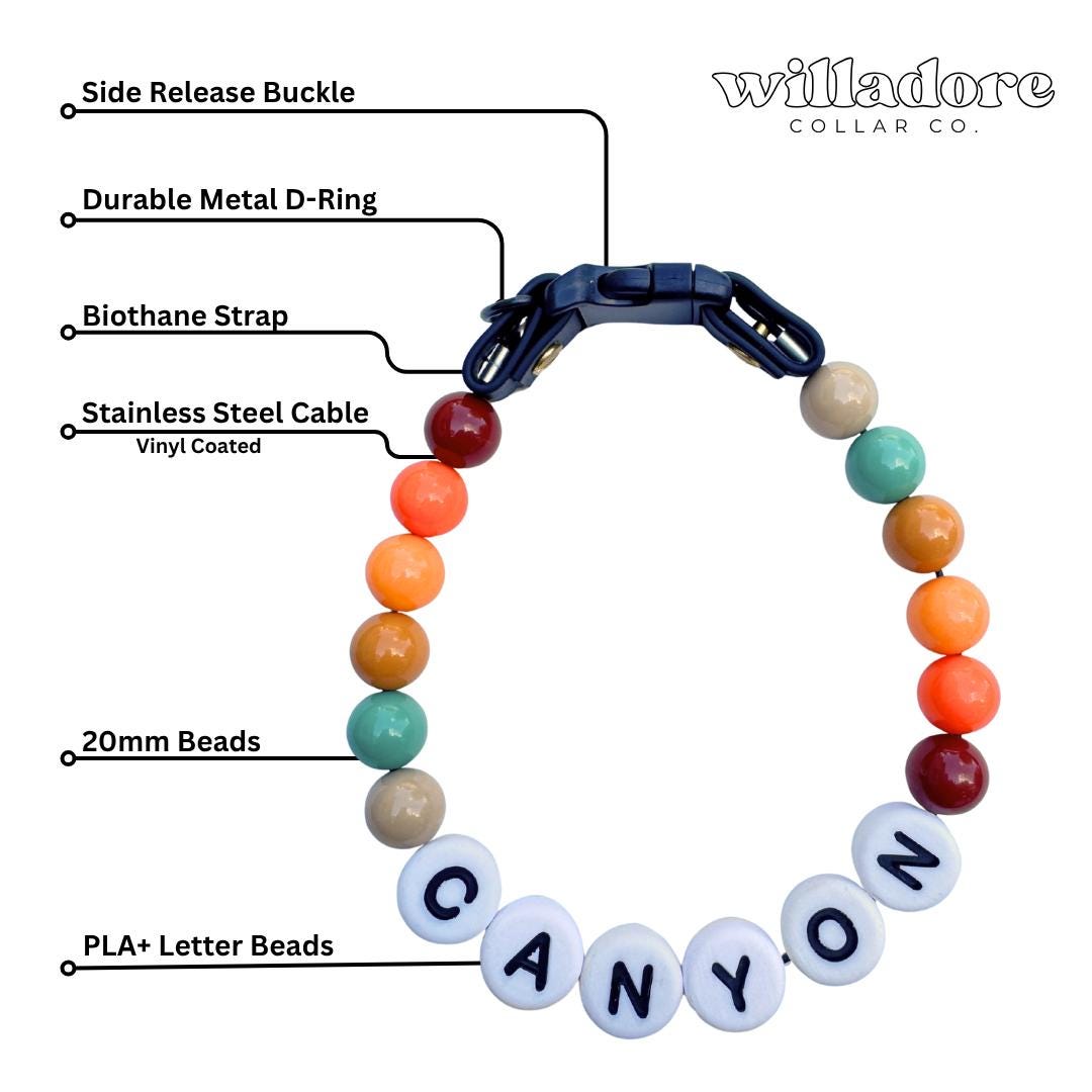 Labeled diagram of a custom beaded dog collar with multicolor canyon‑tone beads and CANYON name letters, showing durable handmade construction by Willadore Collar Co