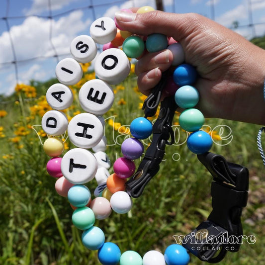 Custom beaded dog collar with personalized name beads in colorful handmade design by Willadore.