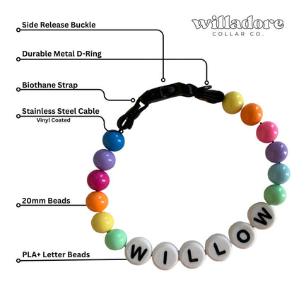 Handmade personalized beaded dog collar with custom name and colorful beads — adjustable pet collar by Willadore.