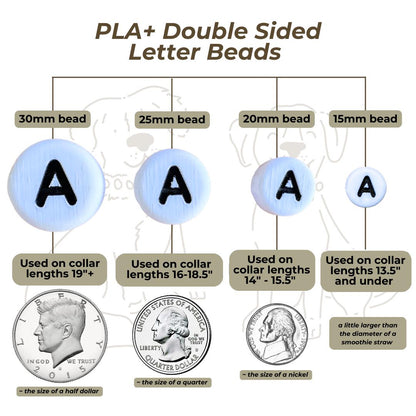 Letter bead size chart showing all alphabet bead options for Willadore’s personalized beaded dog collars.