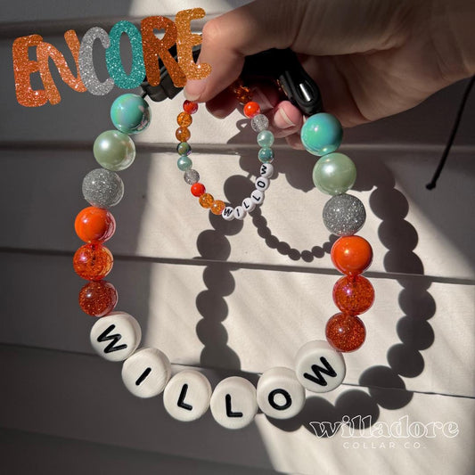 Custom beaded pet collar with multicolor beads and WILLOW name letters, highlighting Willadore Collar Co.’s personalized handmade beaded collars.