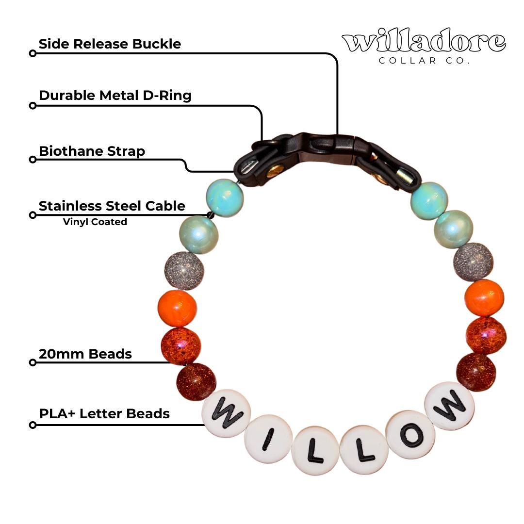 Labeled diagram of a custom beaded Biothane dog collar with multicolor beads and WILLOW name letters, showing key components and durable construction details for Willadore Collar Co.’s handmade dog collars.