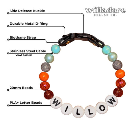 Labeled diagram of a custom beaded Biothane dog collar with multicolor beads and WILLOW name letters, showing key components and durable construction details for Willadore Collar Co.’s handmade dog collars.