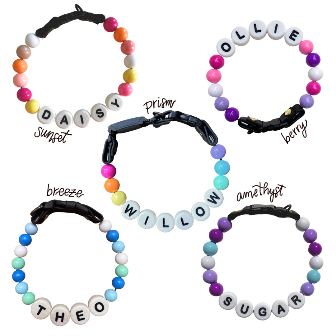 Five colorful beaded dog friendship collar showing the classic color options to choose from.
