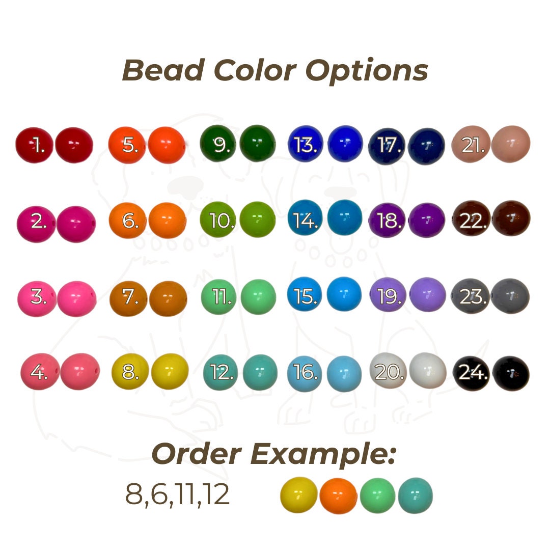 Bead color chart showing all customizable bead options for Willadore’s handmade personalized dog collars