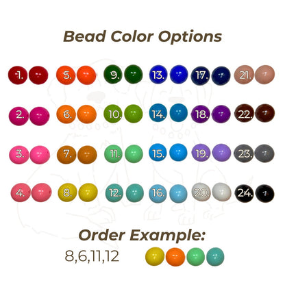 Bead color chart showing all customizable bead options for Willadore’s handmade personalized dog collars
