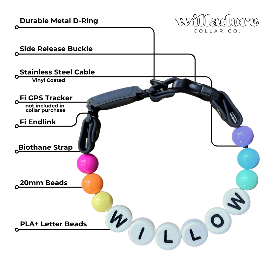 Colorful collar with letter beads spelling 'WILLOW' and labeled features of the Fi tracker compatible collar on a white background.