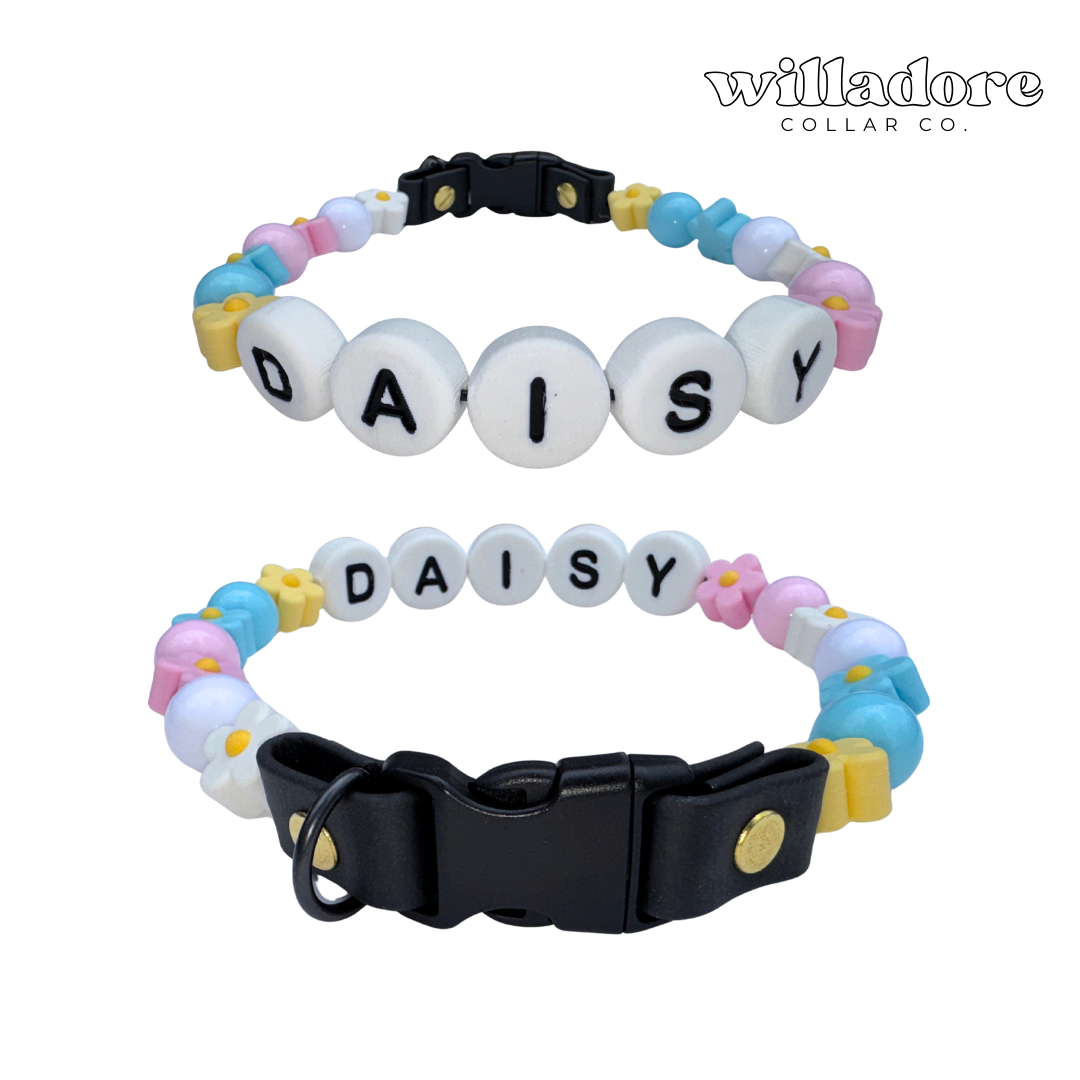 Two custom beaded dog collars with pastel round and flower beads and DAISY name letters, showing personalized design options for Willadore Collar Co.’s handmade beaded dog collars