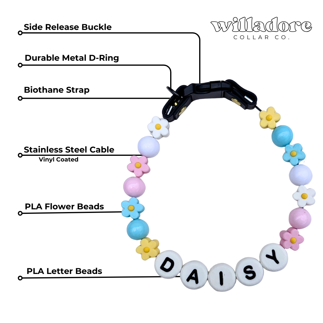 Labeled diagram of a custom beaded dog collar with pastel round and flower beads and DAISY name letters, showing key components and construction details for Willadore Collar Co.’s handmade beaded dog collars.