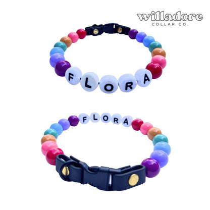 Custom beaded dog collar with multicolor beads and FLORA name letters, highlighting Willadore Collar Co.’s personalized handmade dog collars.
