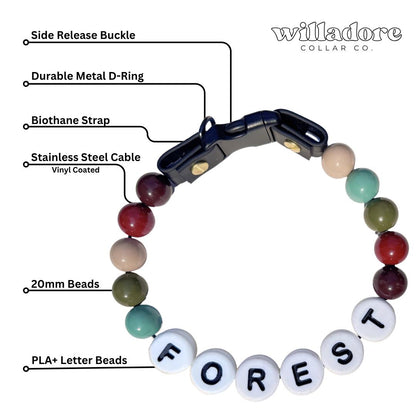 Labeled diagram of a custom beaded dog collar with forest‑tone beads and FOREST name letters, featuring durable hardware and handmade construction by Willadore Collar Co.