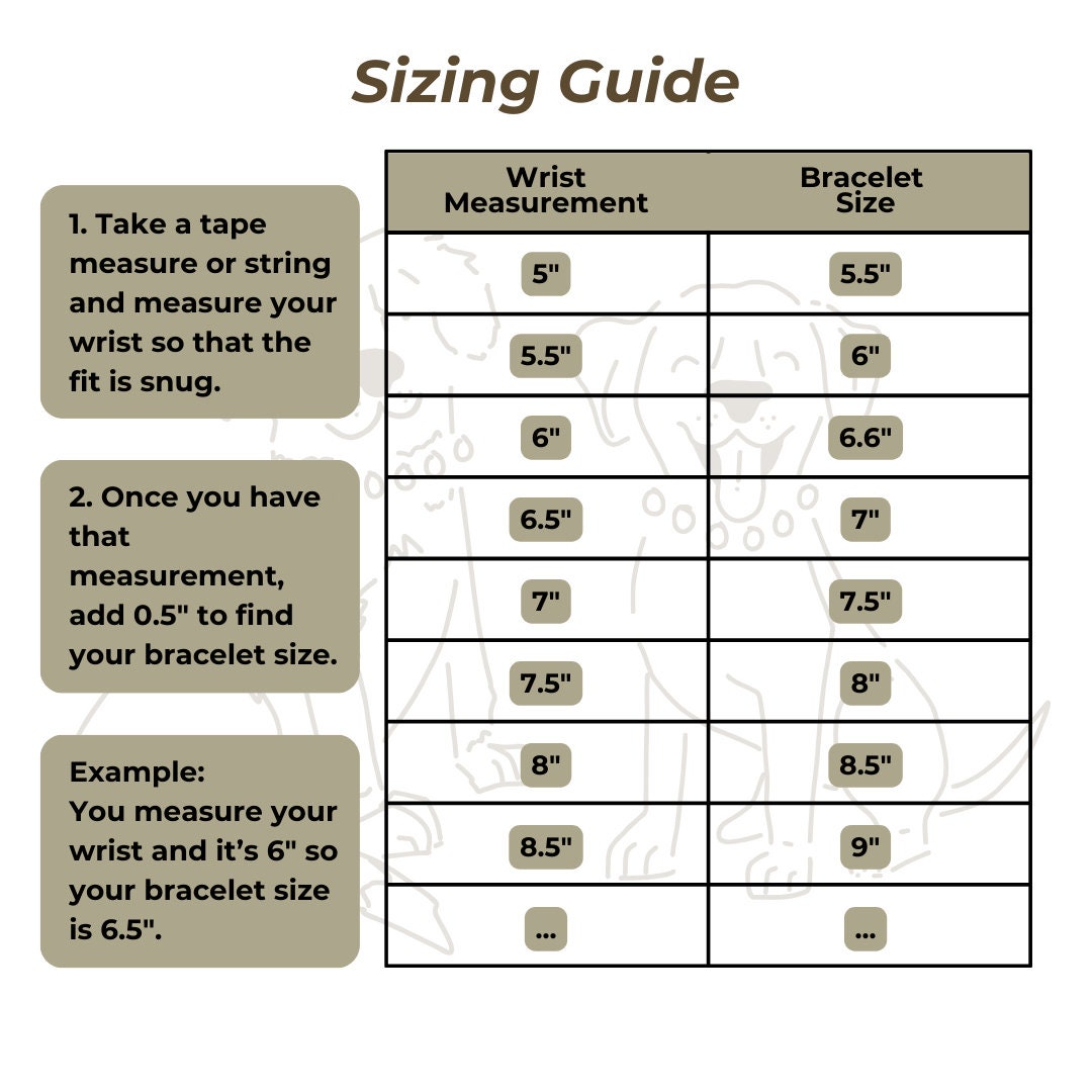 Sizing guide for bracelets with wrist measurement and bracelet size chart