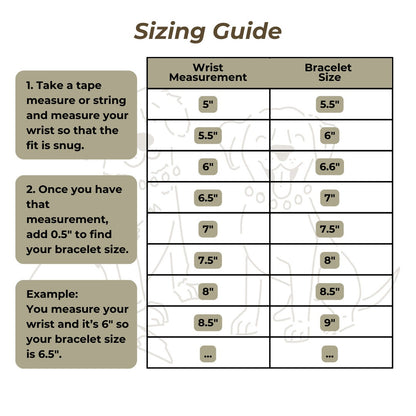 Sizing guide for bracelets with wrist measurement and bracelet size chart