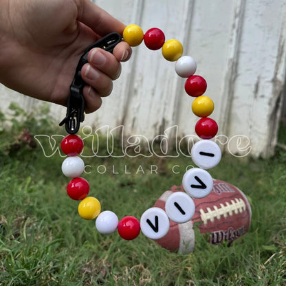 custom beaded dog collar in bright gameday team colors with VIVI name letters, personalized handmade pet collar by Willadore Collar Co.