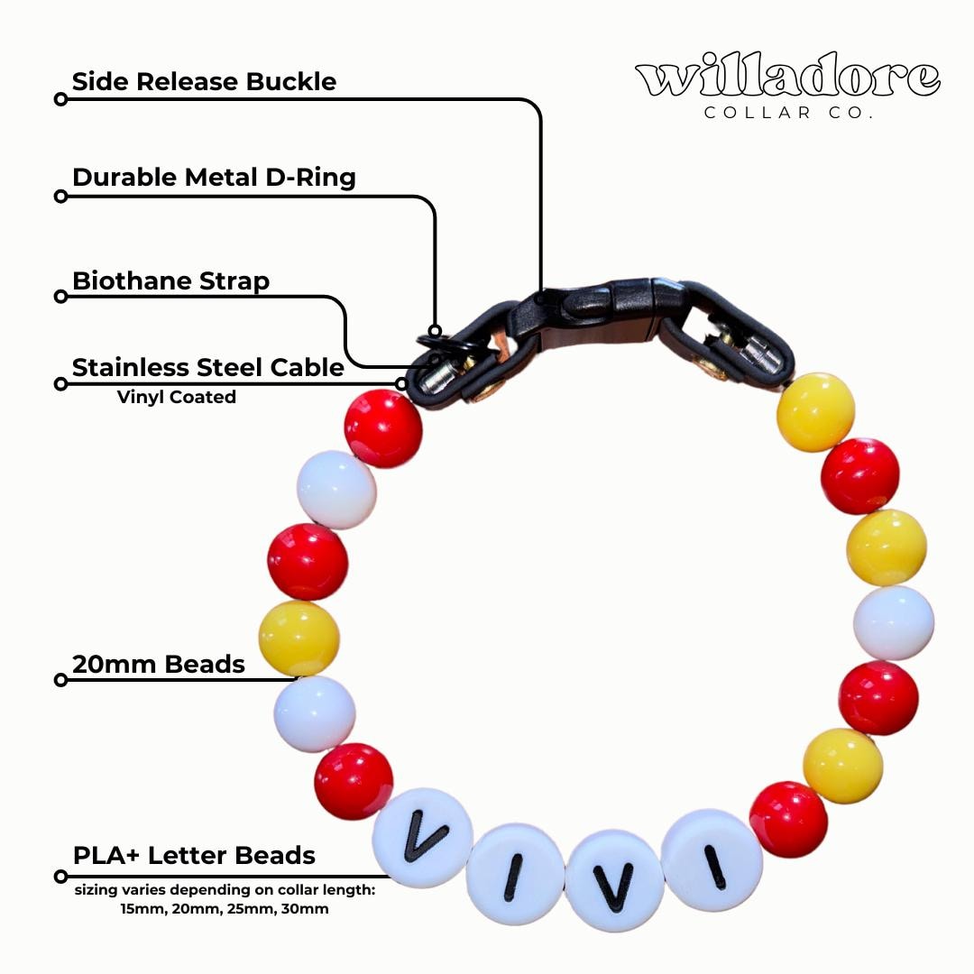 Labeled diagram of a custom beaded dog collar in bright gameday team colors with VIVI name letters, featuring durable hardware and handmade construction by Willadore Collar Co.