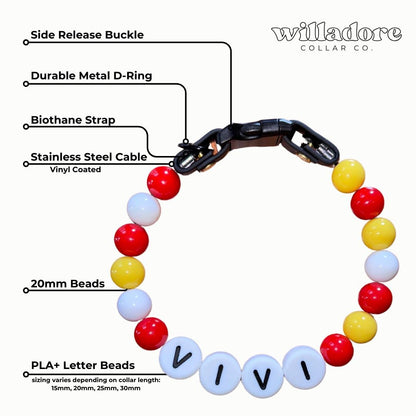 Labeled diagram of a custom beaded dog collar in bright gameday team colors with VIVI name letters, featuring durable hardware and handmade construction by Willadore Collar Co.