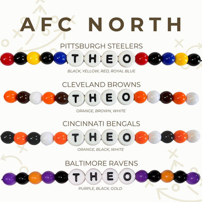 AFC North gameday bead color options chart showing custom team‑color beaded dog collar designs for Steelers, Browns, Bengals, and Ravens by Willadore Collar Co