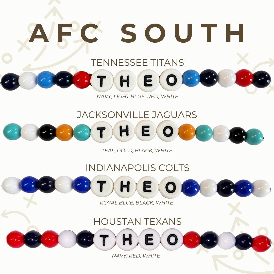 AFC South gameday bead color options chart showing custom team‑color beaded dog collar designs for Titans, Jaguars, Colts, and Texans by Willadore Collar Co.
