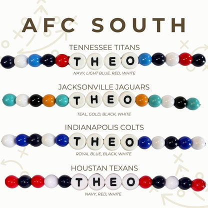 AFC South gameday bead color options chart showing custom team‑color beaded dog collar designs for Titans, Jaguars, Colts, and Texans by Willadore Collar Co.