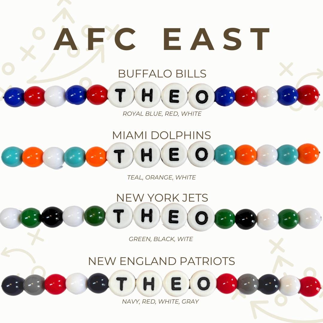 AFC East gameday bead color options chart showing custom team‑color beaded dog collar designs for Bills, Dolphins, Jets, and Patriots by Willadore Collar Co.
