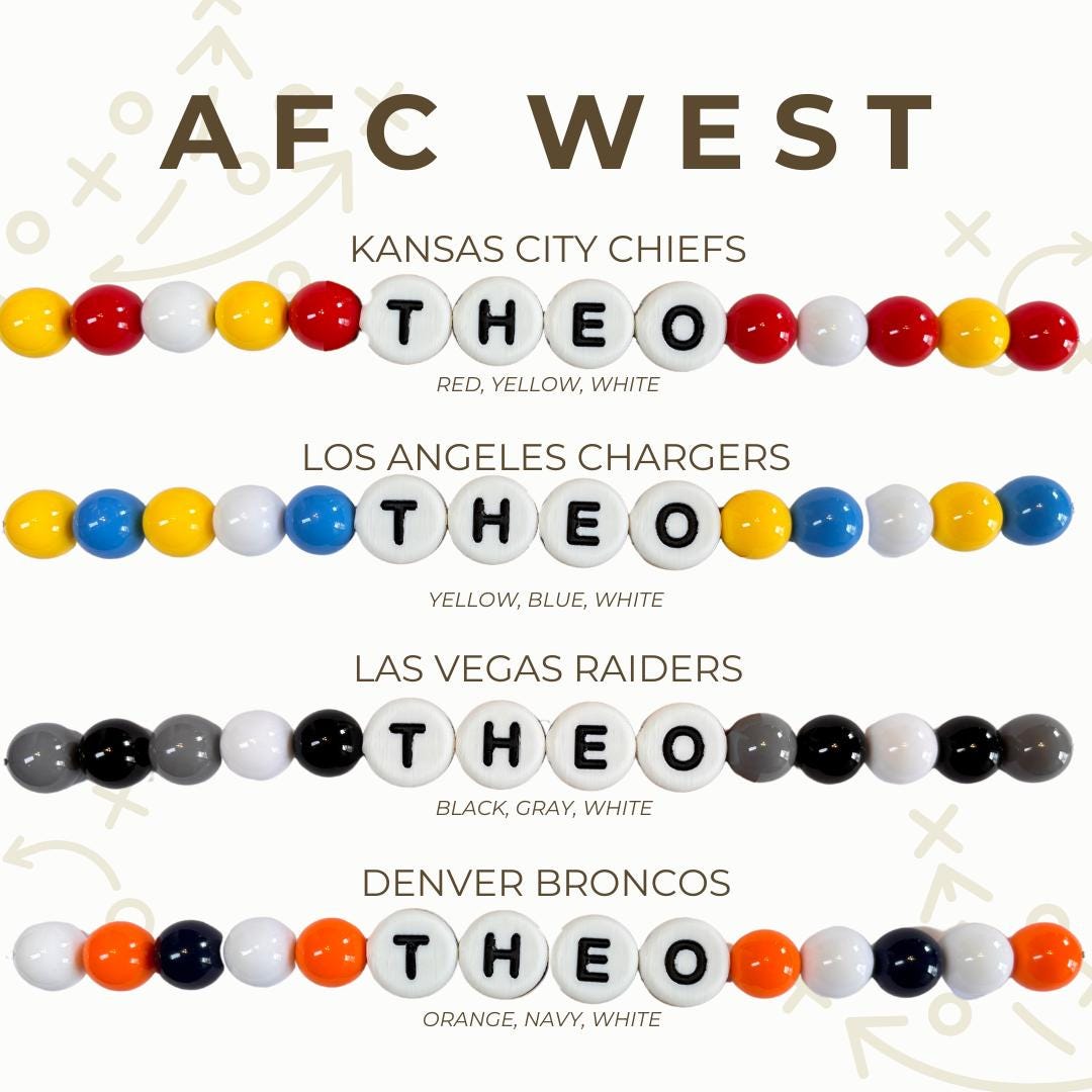 AFC West gameday bead color options chart showing custom team‑color beaded dog collar designs for Chiefs, Chargers, Raiders, and Broncos by Willadore Collar Co.