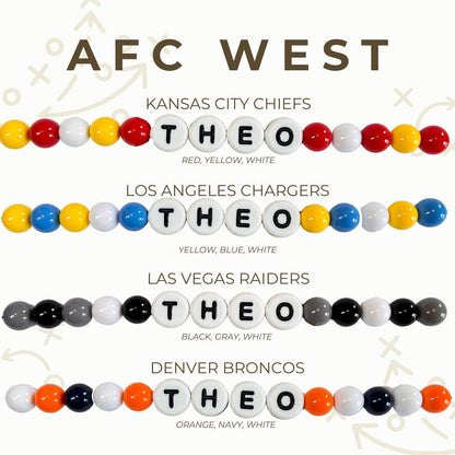 AFC West gameday bead color options chart showing custom team‑color beaded dog collar designs for Chiefs, Chargers, Raiders, and Broncos by Willadore Collar Co.