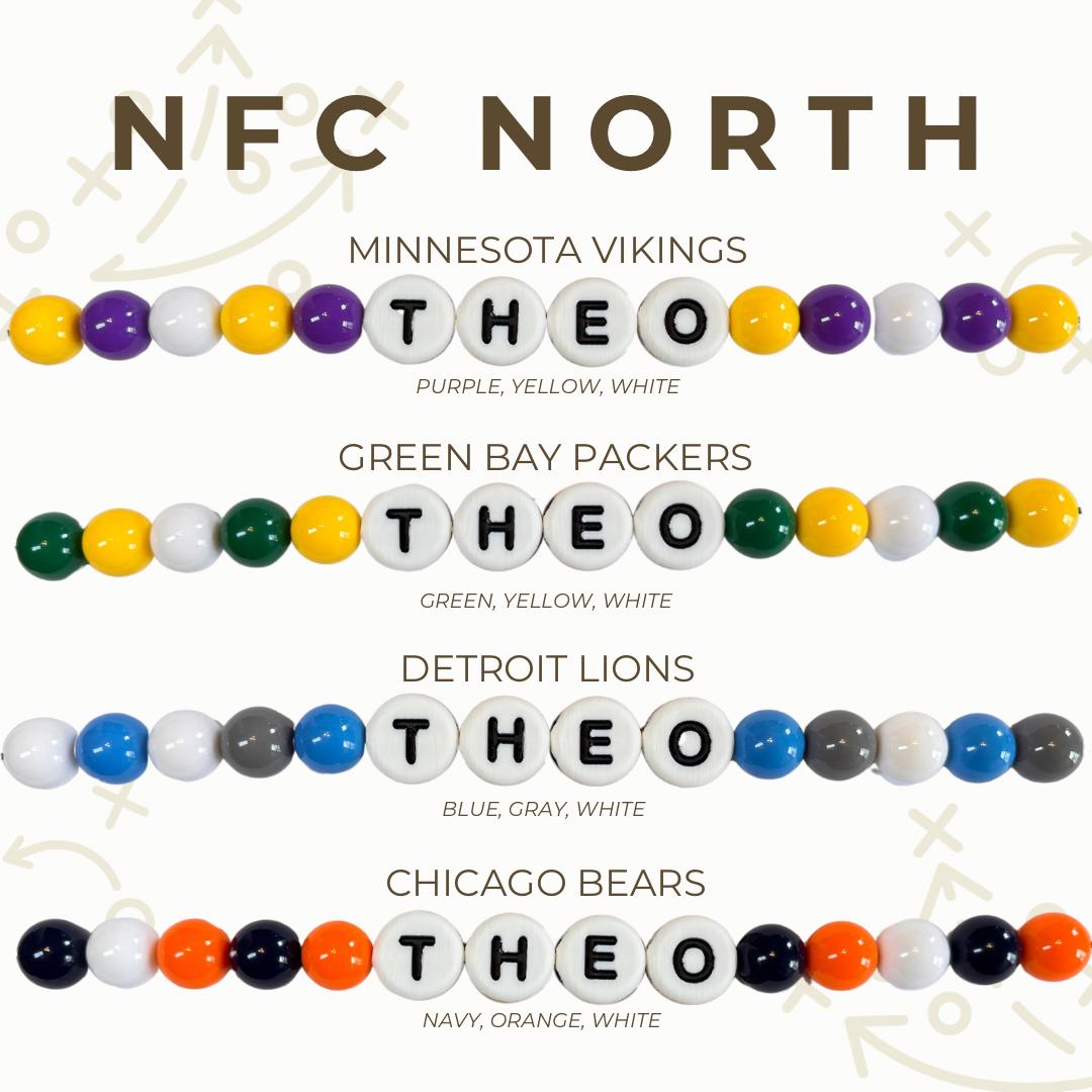 NFC North gameday bead color options chart showing custom team‑color beaded dog collar designs for Vikings, Packers, Lions, and Bears by Willadore Collar Co