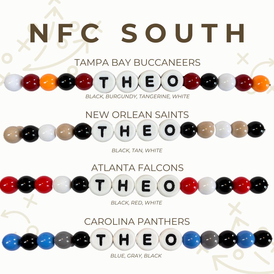NFC South gameday bead color options chart showing custom team‑color beaded dog collar designs for Buccaneers, Saints, Falcons, and Panthers by Willadore Collar Co.