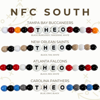 NFC South gameday bead color options chart showing custom team‑color beaded dog collar designs for Buccaneers, Saints, Falcons, and Panthers by Willadore Collar Co.