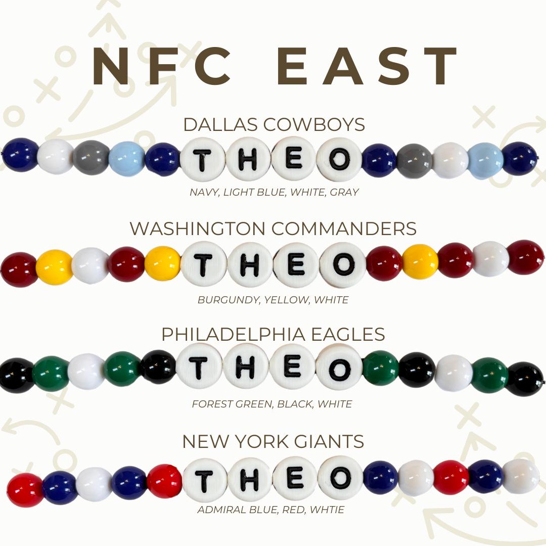 NFC East gameday bead color options chart showing custom team‑color beaded dog collar designs for Cowboys, Commanders, Eagles, and Giants by Willadore Collar Co
