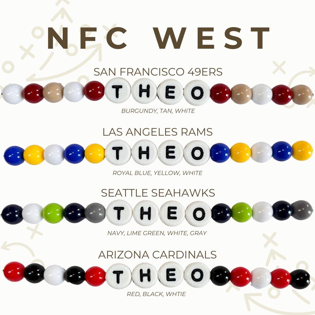 NFC West gameday bead color options chart showing custom team‑color beaded dog collar designs for 49ers, Rams, Seahawks, and Cardinals by Willadore Collar Co