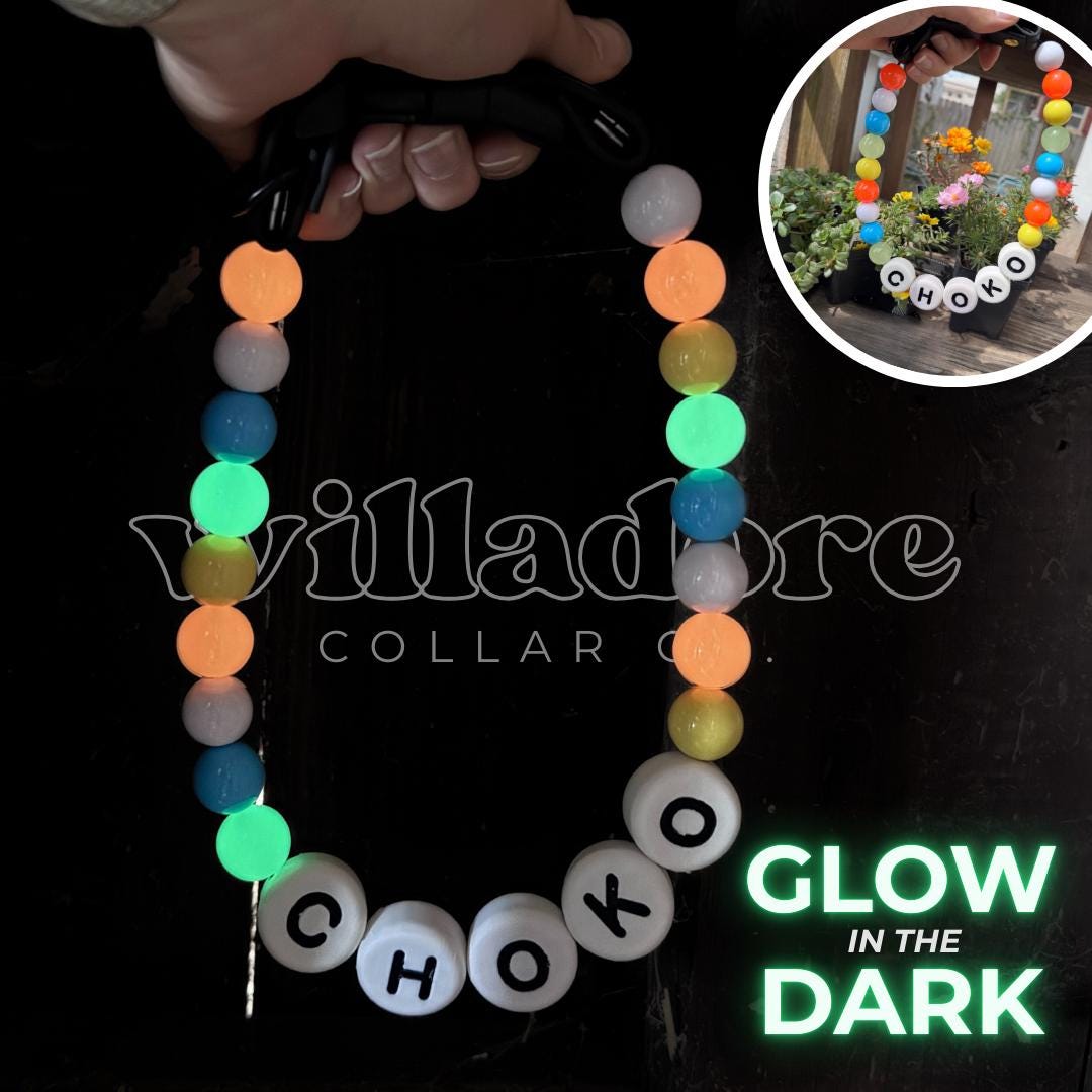 Glow‑in‑the‑dark custom beaded dog collar with colorful beads and CHOKO name letters, personalized handmade pet collar by Willadore Collar Co.