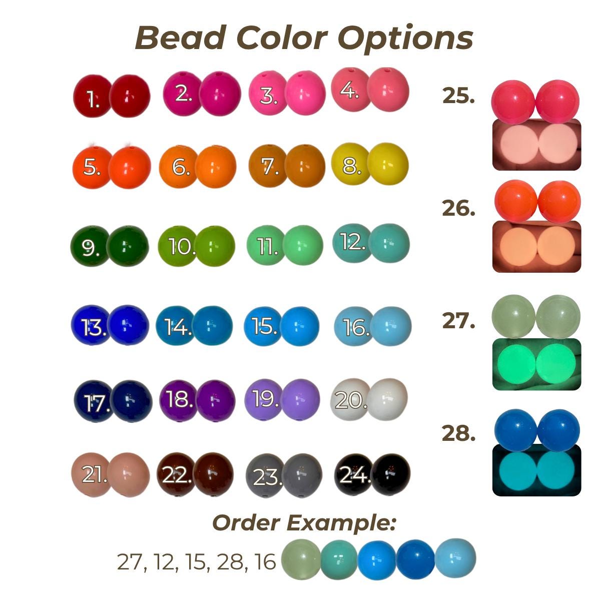Glow‑in‑the‑dark bead color chart showing 28 custom glow bead options for designing personalized beaded pet collars by Willadore Collar Co.