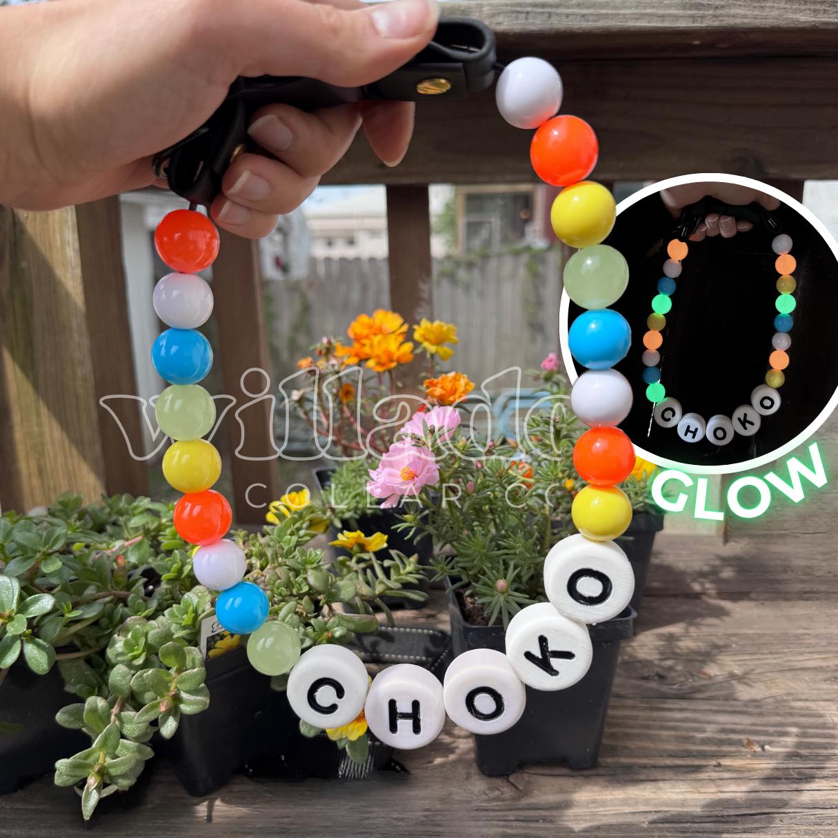 glow‑in‑the‑dark custom beaded dog collar with colorful beads and CHOKO name letters, personalized handmade pet collar by Willadore Collar Co