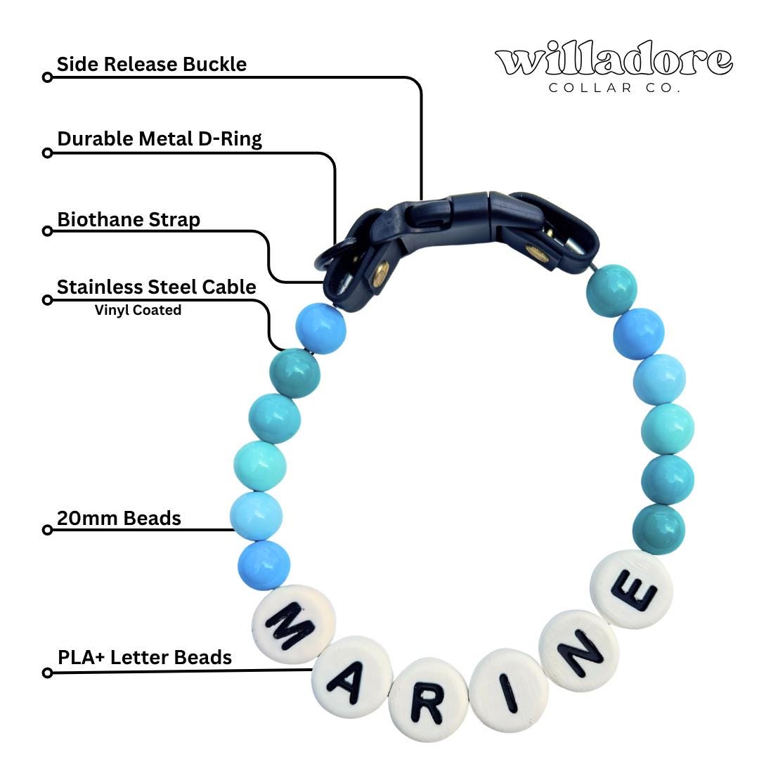 Labeled diagram of a custom beaded Biothane dog collar with blue beads and MARINE name letters, showing key components and durable construction details for Willadore Collar Co.’s handmade dog collars