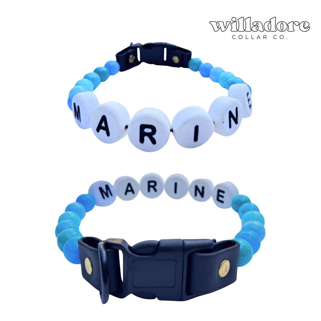 Blue custom beaded dog collar with MARINE name beads, personalized handmade pet collar by Willadore Collar Co.