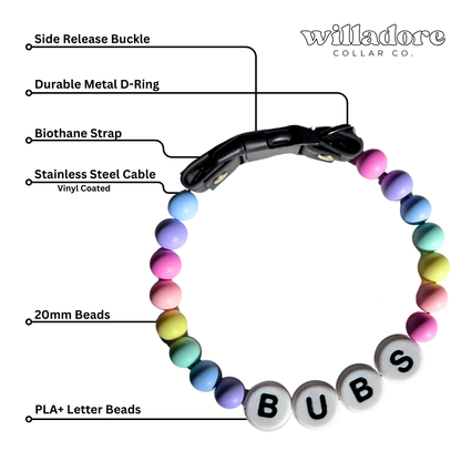 Labeled diagram of a custom beaded dog collar with pastel beads and BUBS name letters, showing key components and construction details for Willadore Collar Co.’s handmade beaded dog collars
