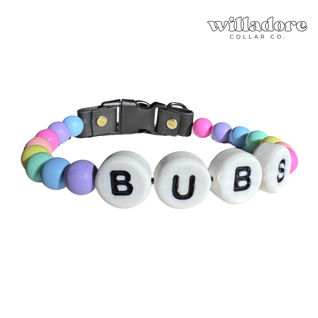 Custom beaded dog collar with pastel and glitter beads and BUBS name letters, showing a personalized design option for Willadore Collar Co.’s handmade beaded dog collars.