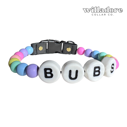 Custom beaded dog collar with pastel and glitter beads and BUBS name letters, showing a personalized design option for Willadore Collar Co.’s handmade beaded dog collars.