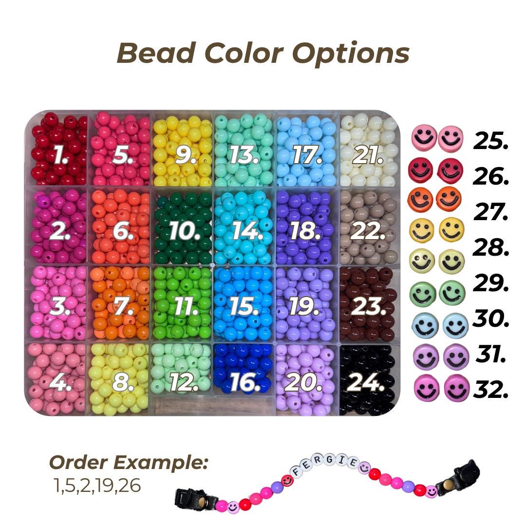 Bead color chart showing 32 cat‑collar bead options, including solid colors and smiley beads, used to customize Willadore Collar Co.’s handmade beaded cat collars.