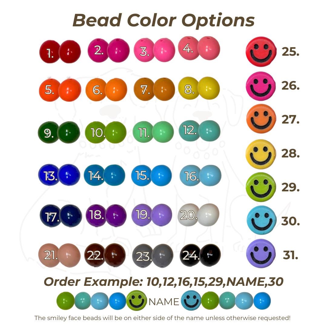 Bead color chart with 31 custom bead options including smiley face beads, used for designing personalized beaded pet collars by Willadore Collar Co