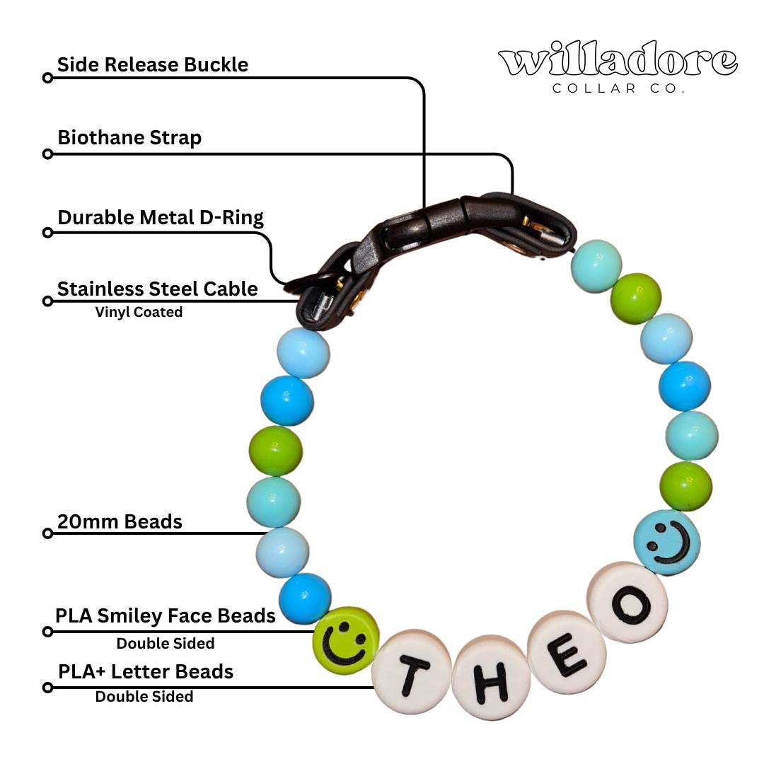 Labeled diagram of a custom beaded dog collar with blue and green beads, smiley beads, and THEO name letters, showing durable handmade construction by Willadore Collar Co.