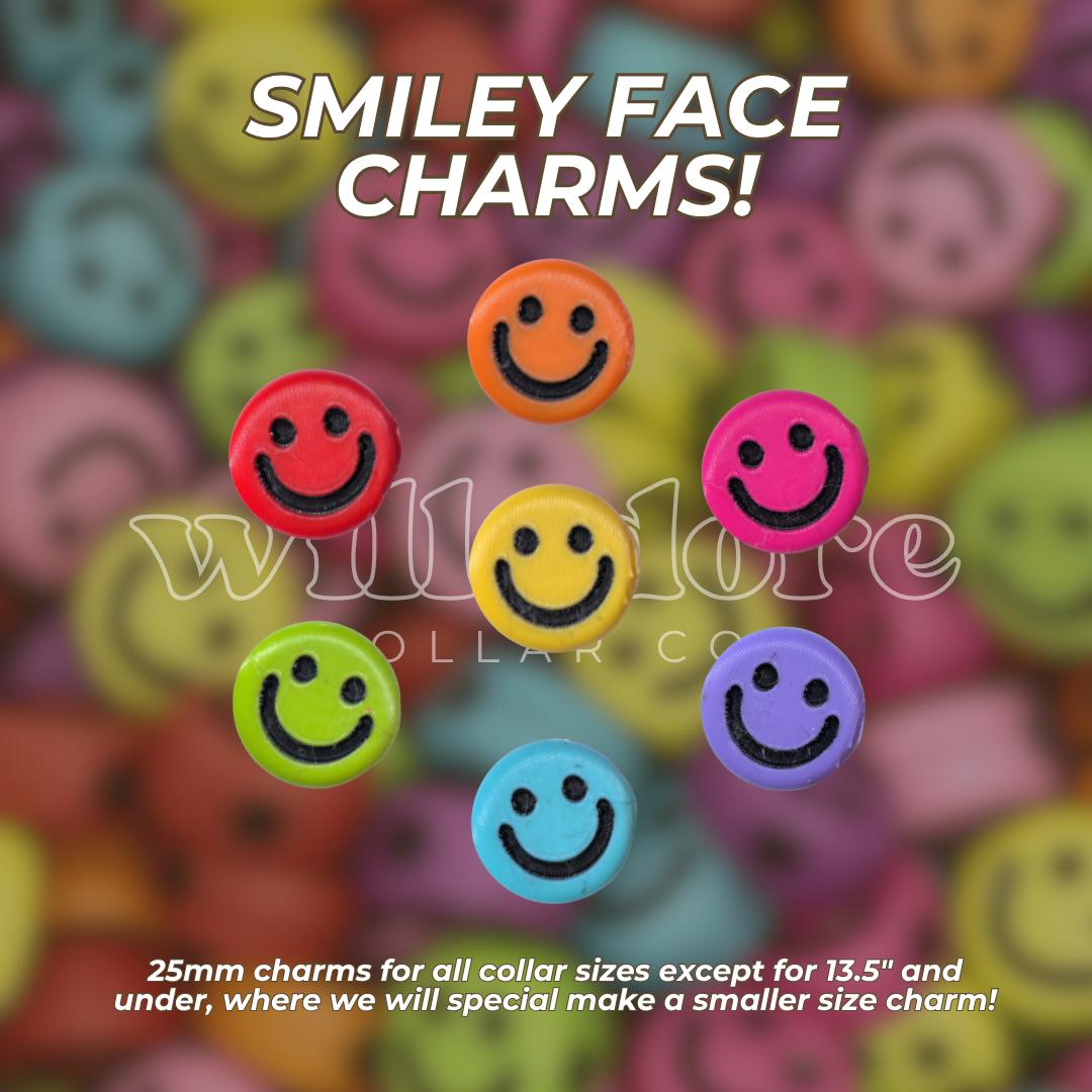 Colorful smiley face charms for custom beaded pet collars, bright 25mm accessory charms for personalized dog and cat collars by Willadore Collar Co.