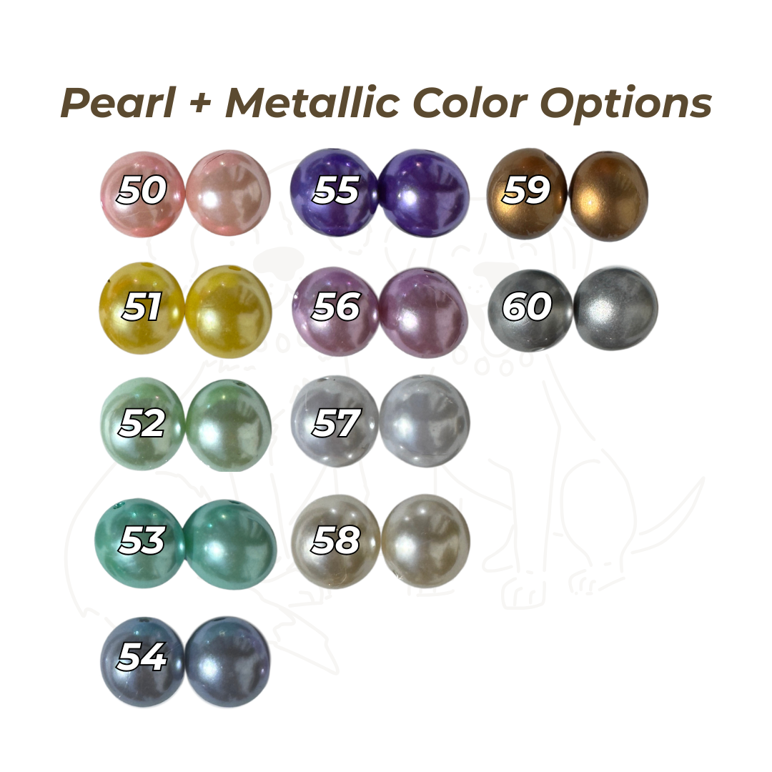 Chart of 12 pearl and metallic bead color options numbered 50–60 showing premium bead choices for customizing Willadore Collar Co.’s handmade beaded dog collars.